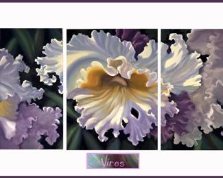Triptych Painting of Cattleya Orchids Signed Vires 