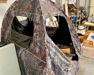Hunters area, shelter, stools, sleeping bag, cooler