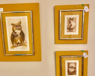 William Kolliker Etchings - whimsical owls, signed and numbered