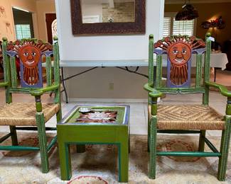 vintage folkart sunburst face, hand crafted, cane seats