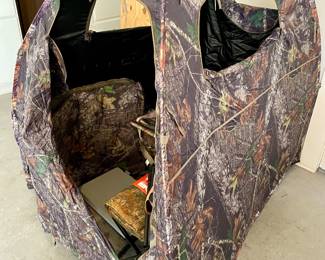 Hunters area, shelter, stools, sleeping bag, cooler