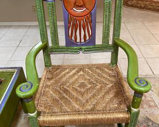 vintage folkart sunburst face, hand crafted, cane seats