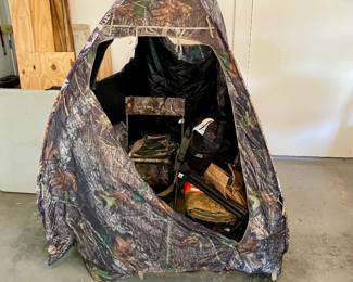 Hunters area, shelter, stools, sleeping bag, cooler
