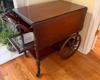 vintage wooden tea cart with glass pull out shelf