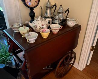 wooden tea cart with glass pull out shelf & drop leaf sides