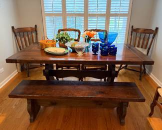 Solid wood trestle dining table with 2 benches, 2 leaves 