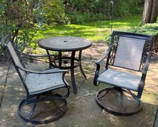 2 patio swivel chairs & small bistro table