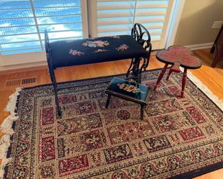 area rug; needlepoint bench misc. small wooden stools