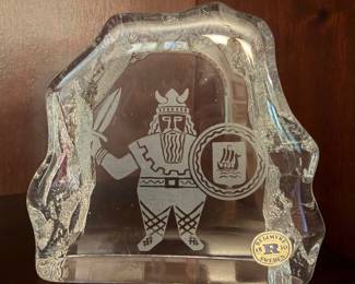 Vintage Swedish crystal paperweight Viking warrior