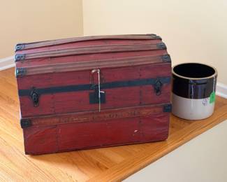 antique dome-top steamer trunk & 3 gallon crock