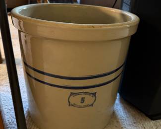 Marshall Pottery 5-gallon double-blue-stripe crock