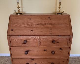Antique English Oak drop front desk, pair of Baldwin Brass Lamps