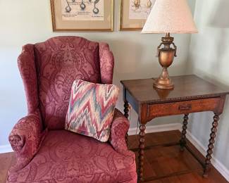 Botanical prints (2 of 4), English antique oak barley twist side table, Queen Anne wing back chair, metal table lamp