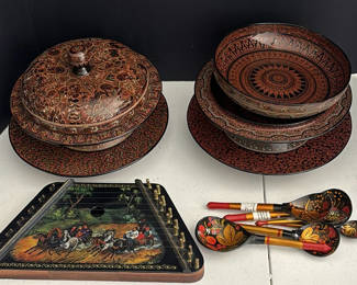 Lot 123: Decorative Lacquerware Serving Pieces, String Instrument, and Painted Wooden Spoons
