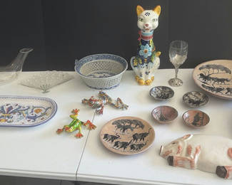 Lot 44: Assorted decorative ceramics, glassware, and wooden containers