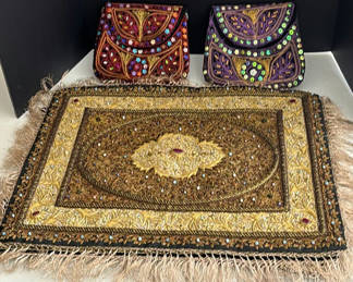 Lot 136: Decorative Embroidered Textile Mats and Beaded Pouches