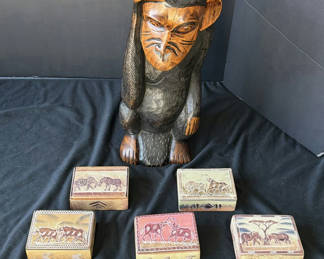 Lot 210: Carved wooden animal boxes and a monkey figurine