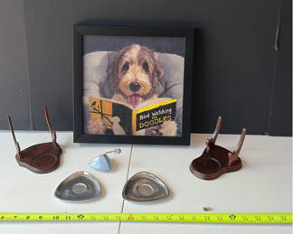 Lot 85: Framed dog portrait with book and assorted display pieces