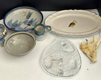 Lot 150: Assorted Ceramic and Glass Serving Pieces with Antler Decor