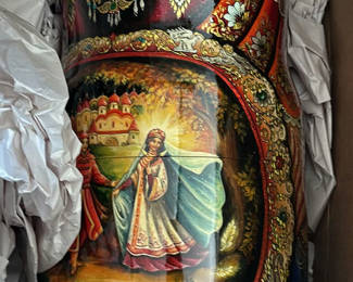 Lot 148: Decorative Lacquerware Panels, Russian Nesting Doll, Figurines, and Folding Screen