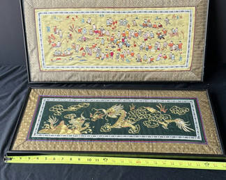 Lot 211: Two framed Chinese silk embroidery panels with dragon and folk scenes