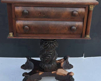 Lot 202: Antique wooden side table with two-drawer cabinet on carved pedestal base