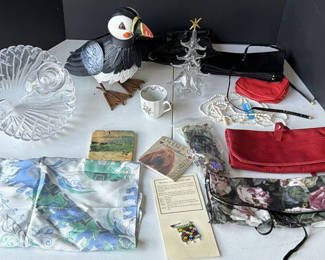 Lot 225: Assorted decorative glassware, jewelry, textiles, and accessories