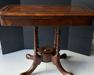 Lot 205: Antique Card Table with Green Baize and Carved Pedestal
