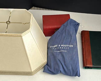 Lot 147: Lamp Shade, Red Storage Box, Stubbs & Wootton Bag, and Crystal Cruises Binder