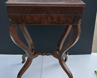 Lot 203: Antique wooden writing desk with hinged top and mirror