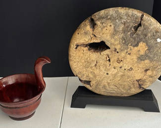 Lot 117: Wooden Decorative Bowl and Burl Wood Sculpture