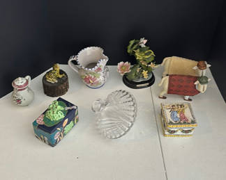Lot 125: Decorative Trinket Boxes, Ceramic Figurines, and Glass Dish