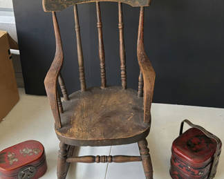 Lot 217: Antique wooden chair with red decorative boxes and lacquered Chinese storage box