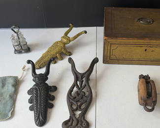 Lot 73: Antique collection: jewelry pouch, ornate metal pieces, glass cruet set, and wooden boxes