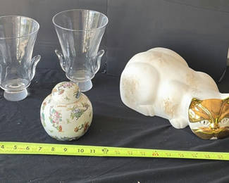 Lot 51: Glass hurricane vases, a floral porcelain ginger jar, and a gold-faced cat sculpture