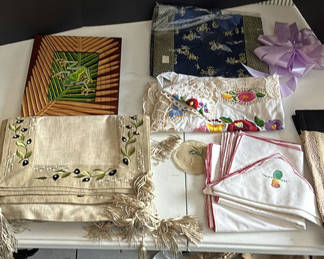 Lot 155: Decorative Textiles, Embroidered Linens, and Frog Wall Art