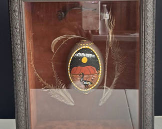 Lot 133: Framed Australian Emu Egg Artwork with Feathers