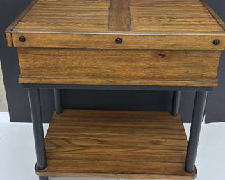 Lot 204: Wooden end table with upper storage box, drawer, and lower shelf