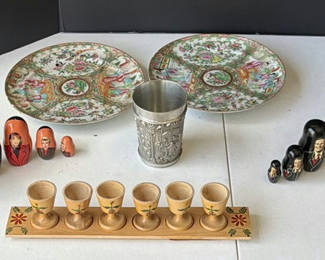 Lot 222: Matryoshka Nesting Dolls, Porcelain Plates, and Metalware
