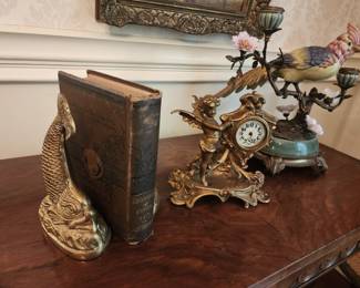 Antique Koi Style Bookends and figural Mantle Clock