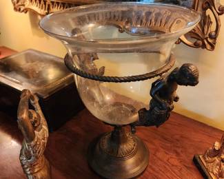 Set of two Baroque Style Glass Bowl with Metal Base