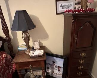 Jewelry Upright Chest, Lamps, Bunny Painting, Side Table