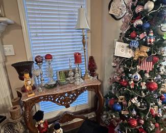 Marble Top Library Table, Candlesticks, Lamps, Branches of the Military Decorated Christmas Tree-we have the boxes for the ornaments too!
