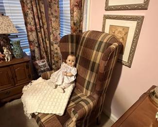 Plaid Wing Back Chair, Amer Char Doll, Curtains, Framed Artwork