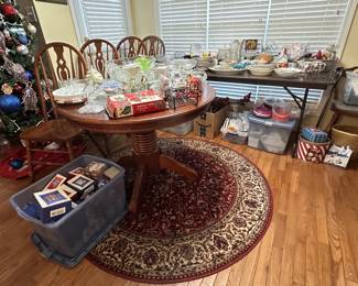 Kitchenalia, Princess House, Longaberger Baskets, Rugs, Hallmark Collectible Tub of Ornaments