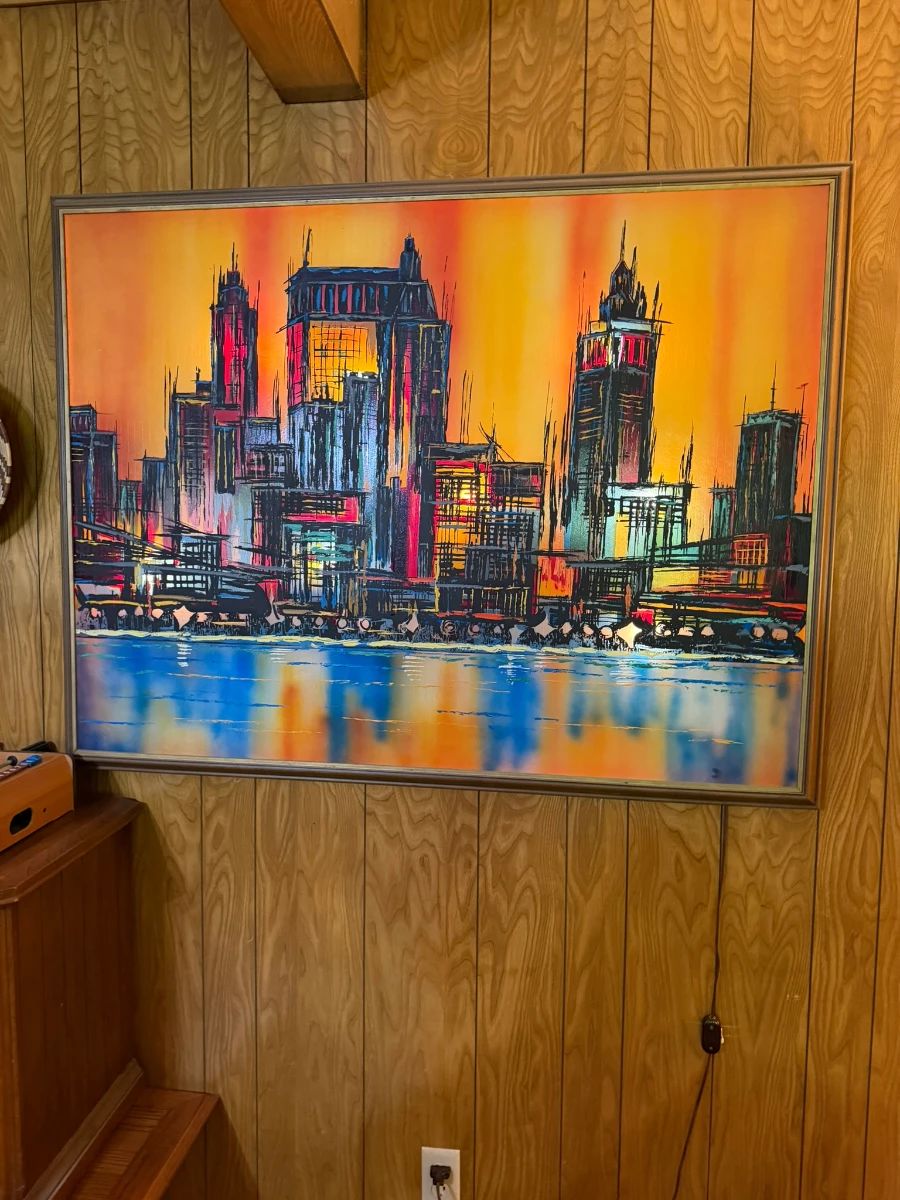Mid-Century lighted City Scape, in original frame and in great condition