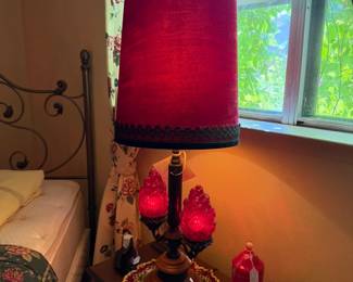 Mid-Century Hollywood/Regency style table lamp with red lucite flame shades and original velvet shade
