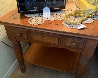 Vintage bedside table with storage, alarm clock/radio, vintage telephone