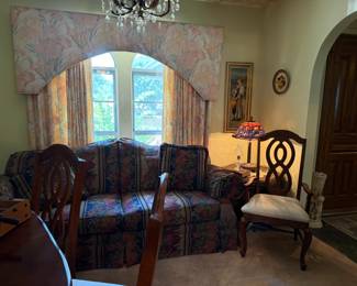 Upholstered sofa, vintage window treatments