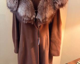 Vintage Rothmoor brown coat with fox fur collar and the original "Fantastique-Imported from France" label and the original metal dog tag